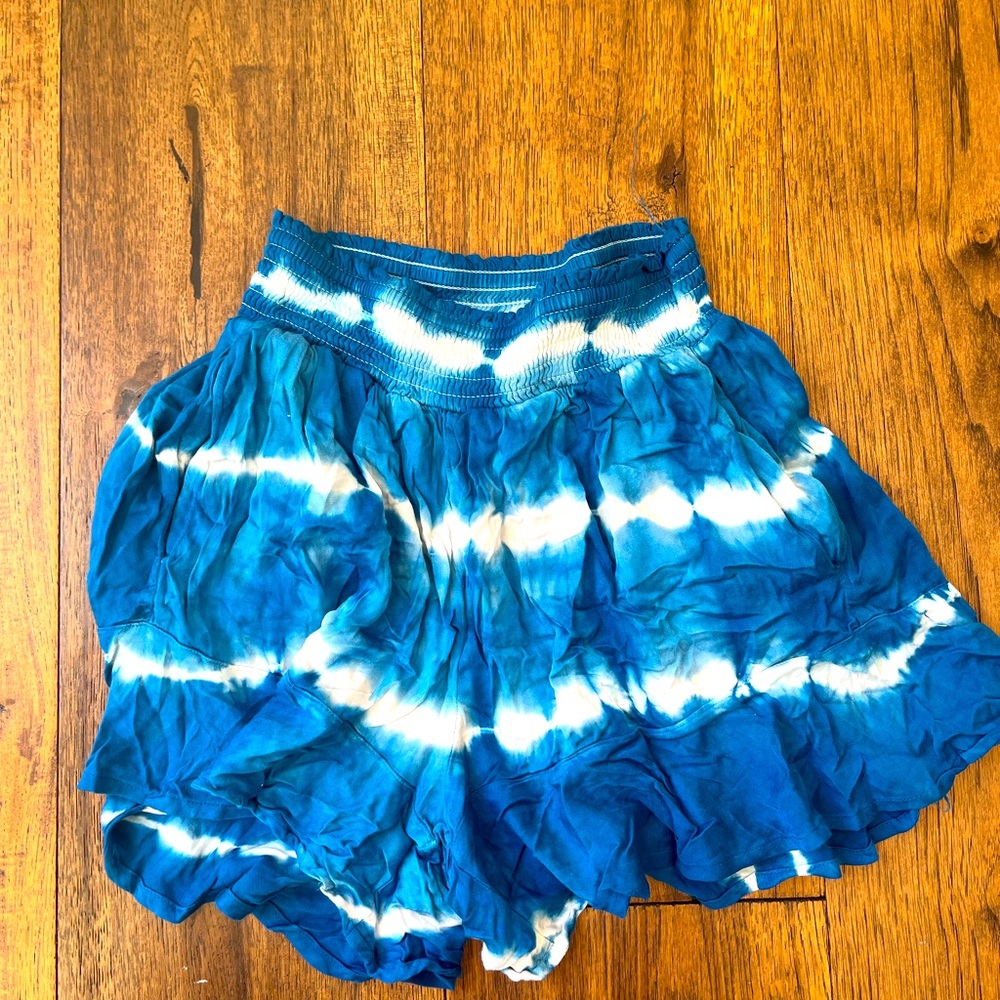Blue and white tie die beach shorts, high waisted